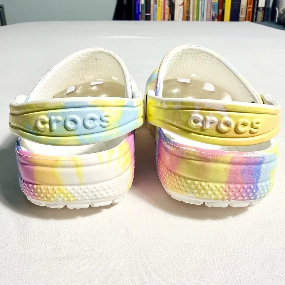 CROCS Kids Tie-Dye Clog in White with Yellow, Blue & Pink